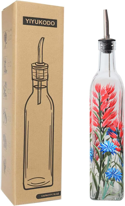 17oz Hand Painted Glass Olive Oil Bottle Dispenser- 500ml Green Oil & Vinegar Cruet with Pourers - Olive Oil Carafe Decanter for Kitchen (olive1)