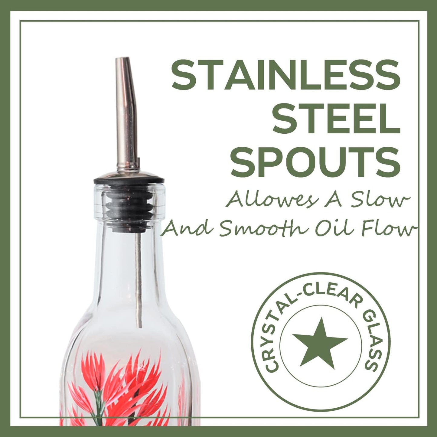17oz Hand Painted Glass Olive Oil Bottle Dispenser- 500ml Green Oil & Vinegar Cruet with Pourers - Olive Oil Carafe Decanter for Kitchen (olive1)
