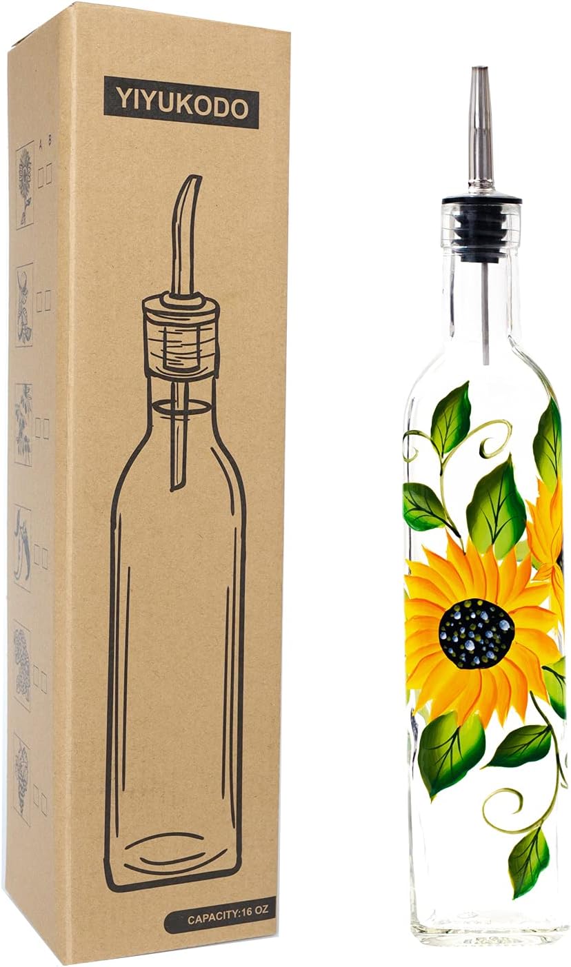 17oz Hand Painted Glass Olive Oil Bottle Dispenser- 500ml Green Oil & Vinegar Cruet with Pourers - Olive Oil Carafe Decanter for Kitchen (olive1)