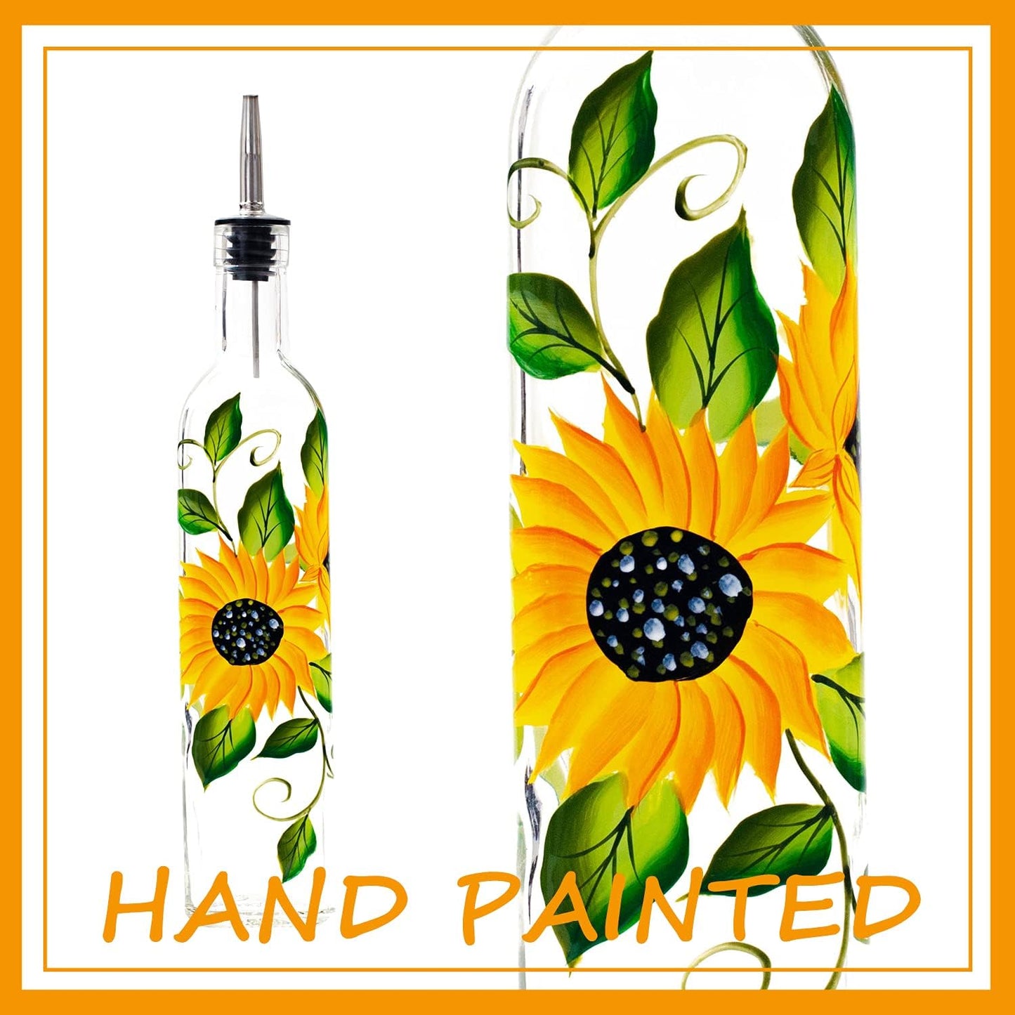 17oz Hand Painted Glass Olive Oil Bottle Dispenser- 500ml Green Oil & Vinegar Cruet with Pourers - Olive Oil Carafe Decanter for Kitchen (olive1)