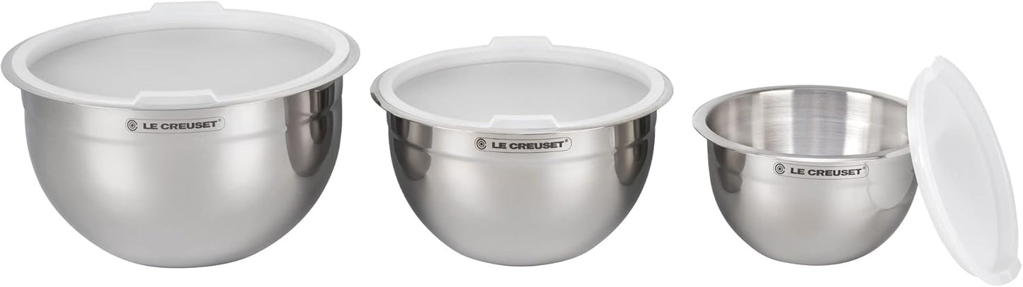 Set of 3 Nested Mixing Bowls w/Nonslip Silicone Base & Plastic Air Tight Lids