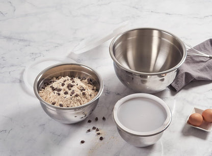 Set of 3 Nested Mixing Bowls w/Nonslip Silicone Base & Plastic Air Tight Lids
