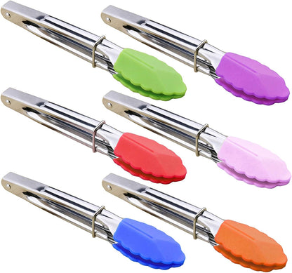 Small Tongs with Silicone Tips 7-Inch Mini Serving Tongs, Set of 6 | Green Red Blue Purple Pink Orange