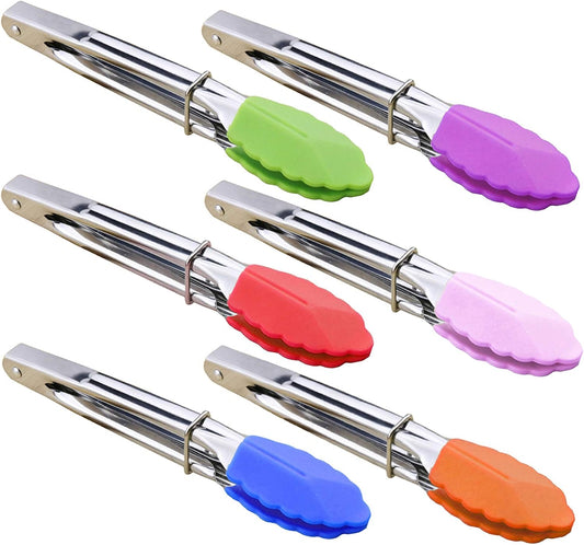 Small Tongs with Silicone Tips 7-Inch Mini Serving Tongs, Set of 6 | Green Red Blue Purple Pink Orange