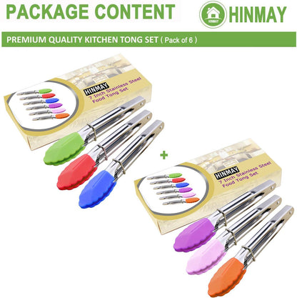 Small Tongs with Silicone Tips 7-Inch Mini Serving Tongs, Set of 6 | Green Red Blue Purple Pink Orange