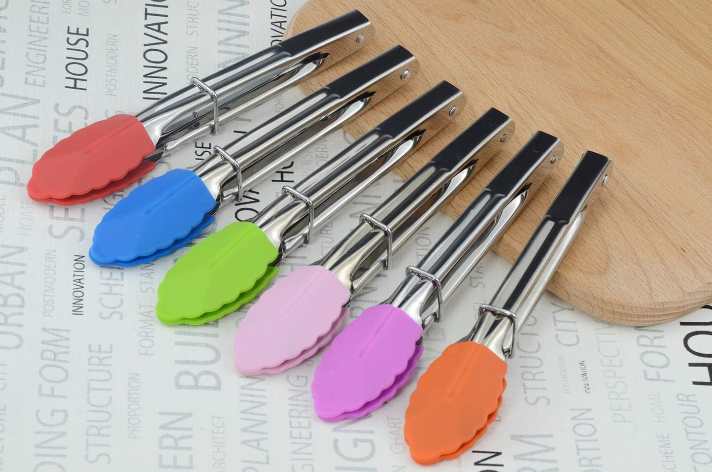 Small Tongs with Silicone Tips 7-Inch Mini Serving Tongs, Set of 6 | Green Red Blue Purple Pink Orange