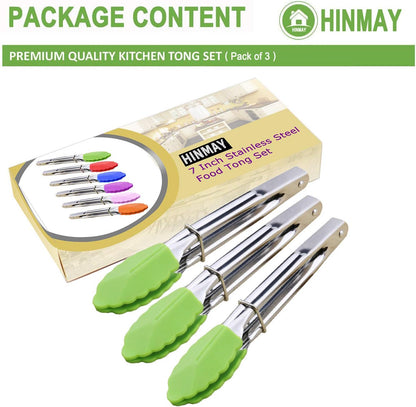 Small Tongs with Silicone Tips 7-Inch Mini Serving Tongs, Set of 6 | Green Red Blue Purple Pink Orange