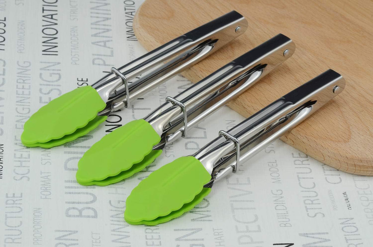 Small Tongs with Silicone Tips 7-Inch Mini Serving Tongs, Set of 6 | Green Red Blue Purple Pink Orange