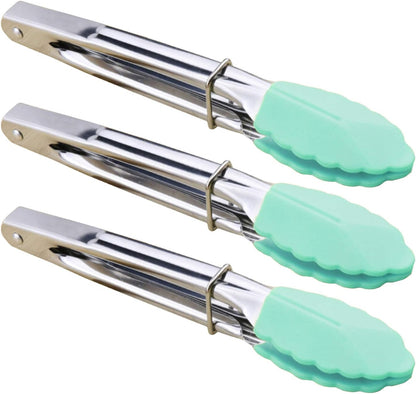 Small Tongs with Silicone Tips 7-Inch Mini Serving Tongs, Set of 6 | Green Red Blue Purple Pink Orange