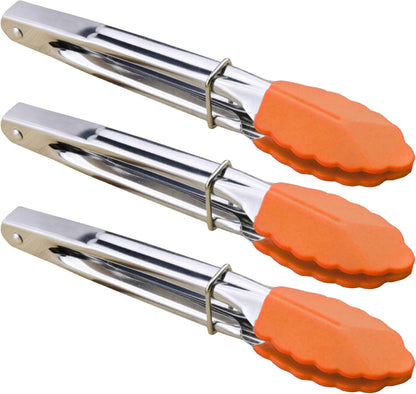 Small Tongs with Silicone Tips 7-Inch Mini Serving Tongs, Set of 6 | Green Red Blue Purple Pink Orange