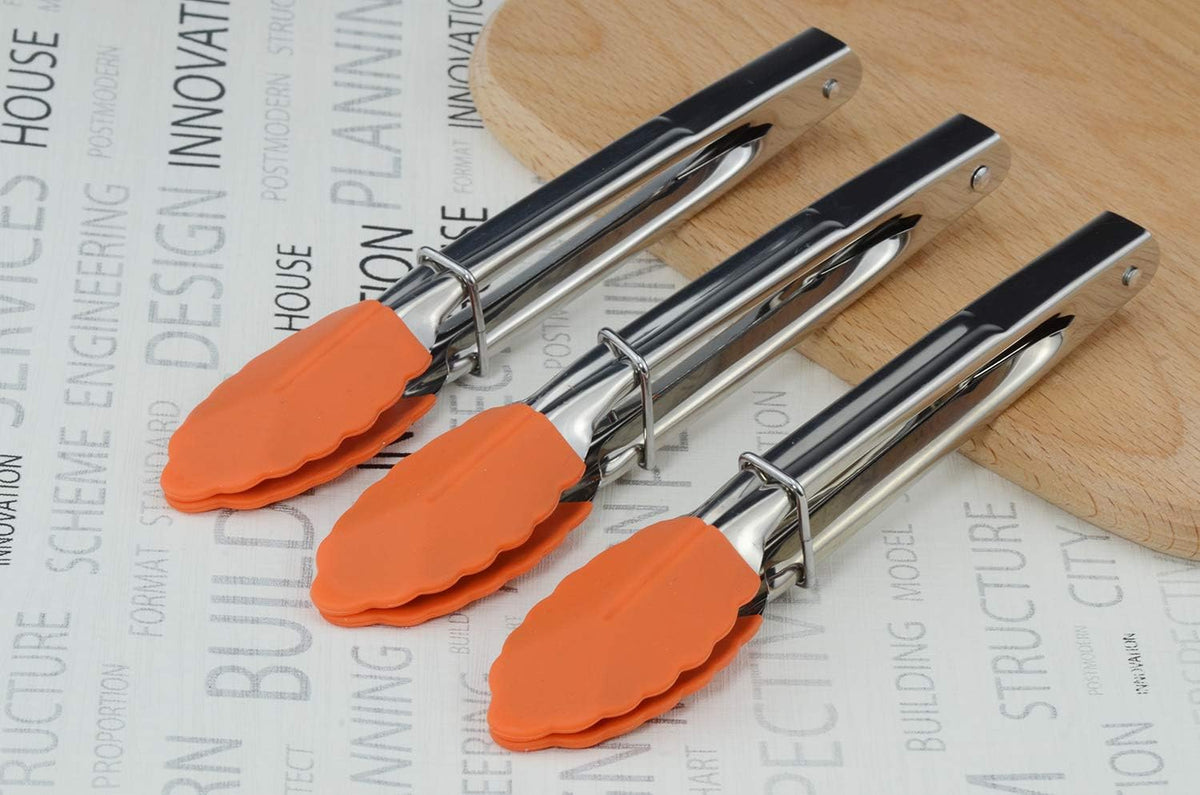 Small Tongs with Silicone Tips 7-Inch Mini Serving Tongs, Set of 6 | Green Red Blue Purple Pink Orange