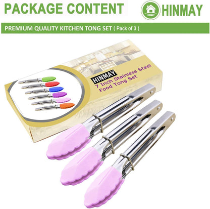 Small Tongs with Silicone Tips 7-Inch Mini Serving Tongs, Set of 6 | Green Red Blue Purple Pink Orange