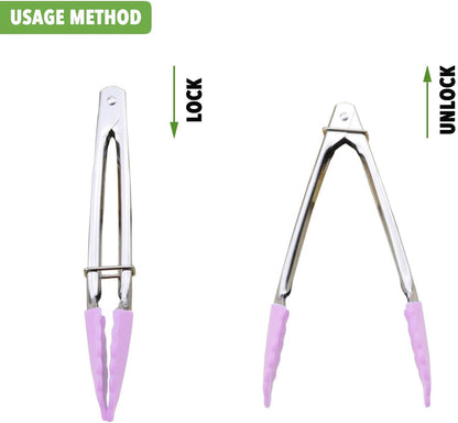 Small Tongs with Silicone Tips 7-Inch Mini Serving Tongs, Set of 6 | Green Red Blue Purple Pink Orange