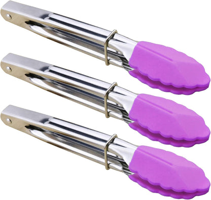 Small Tongs with Silicone Tips 7-Inch Mini Serving Tongs, Set of 6 | Green Red Blue Purple Pink Orange
