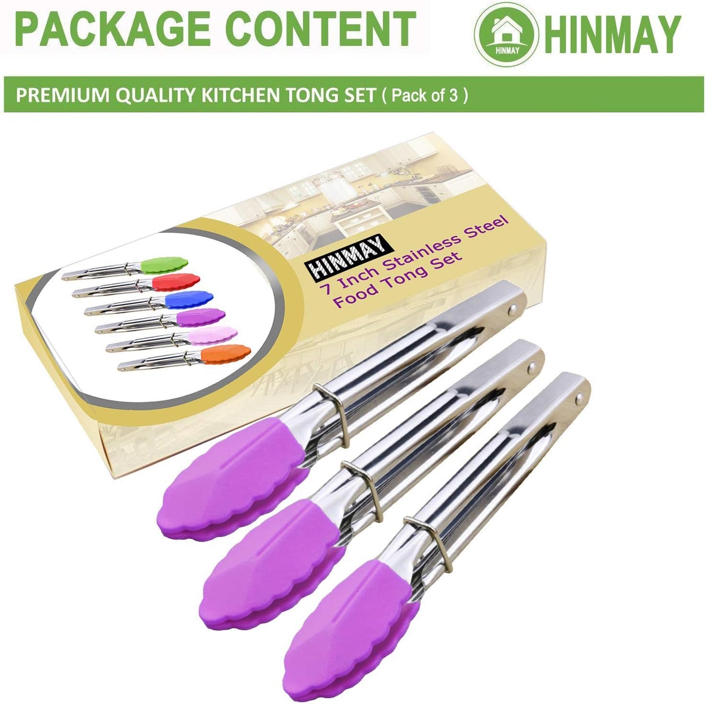 Small Tongs with Silicone Tips 7-Inch Mini Serving Tongs, Set of 6 | Green Red Blue Purple Pink Orange