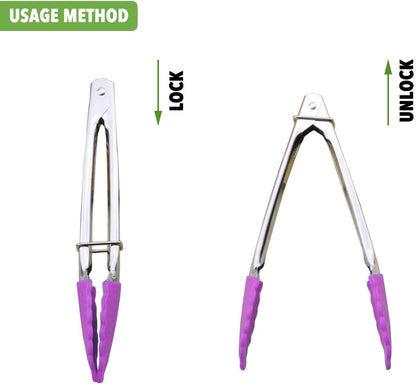 Small Tongs with Silicone Tips 7-Inch Mini Serving Tongs, Set of 6 | Green Red Blue Purple Pink Orange