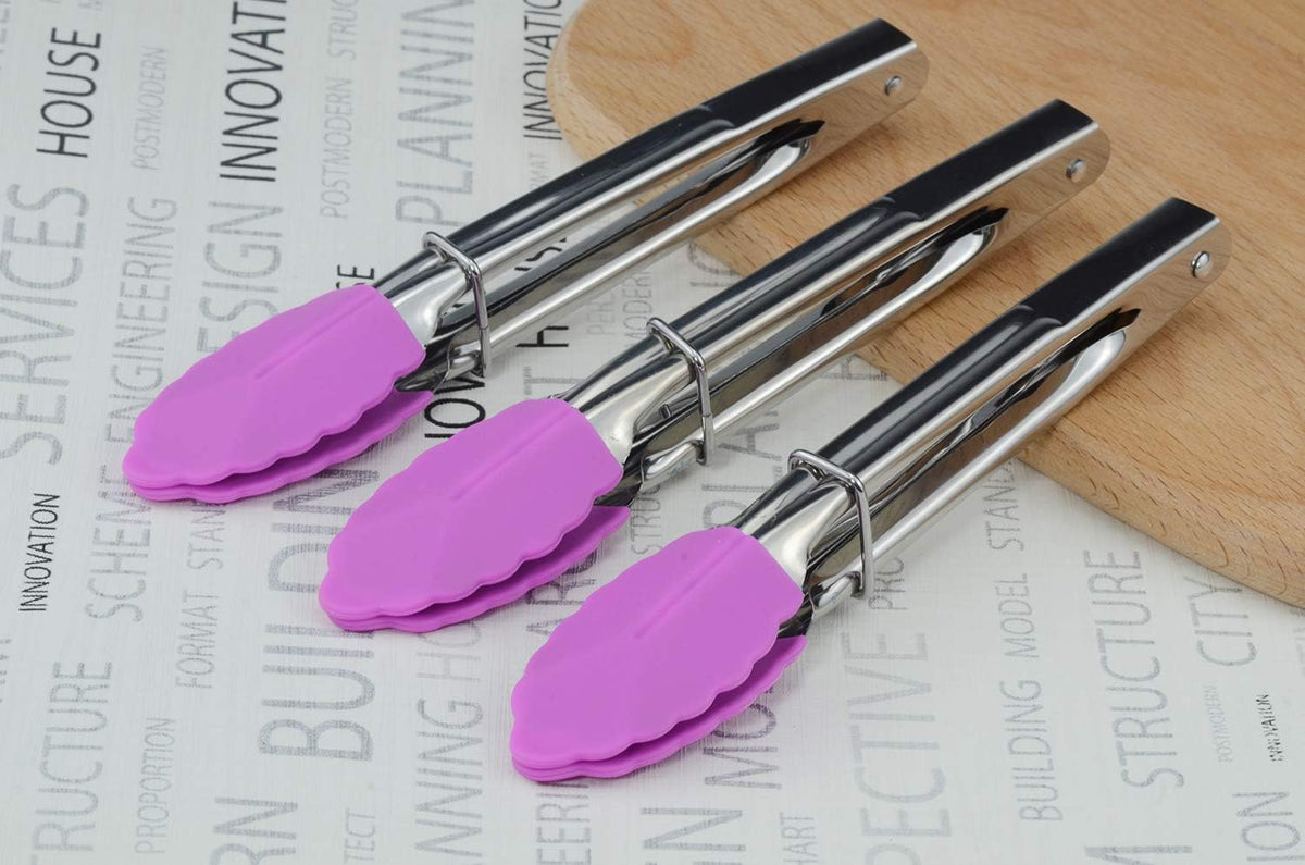 Small Tongs with Silicone Tips 7-Inch Mini Serving Tongs, Set of 6 | Green Red Blue Purple Pink Orange