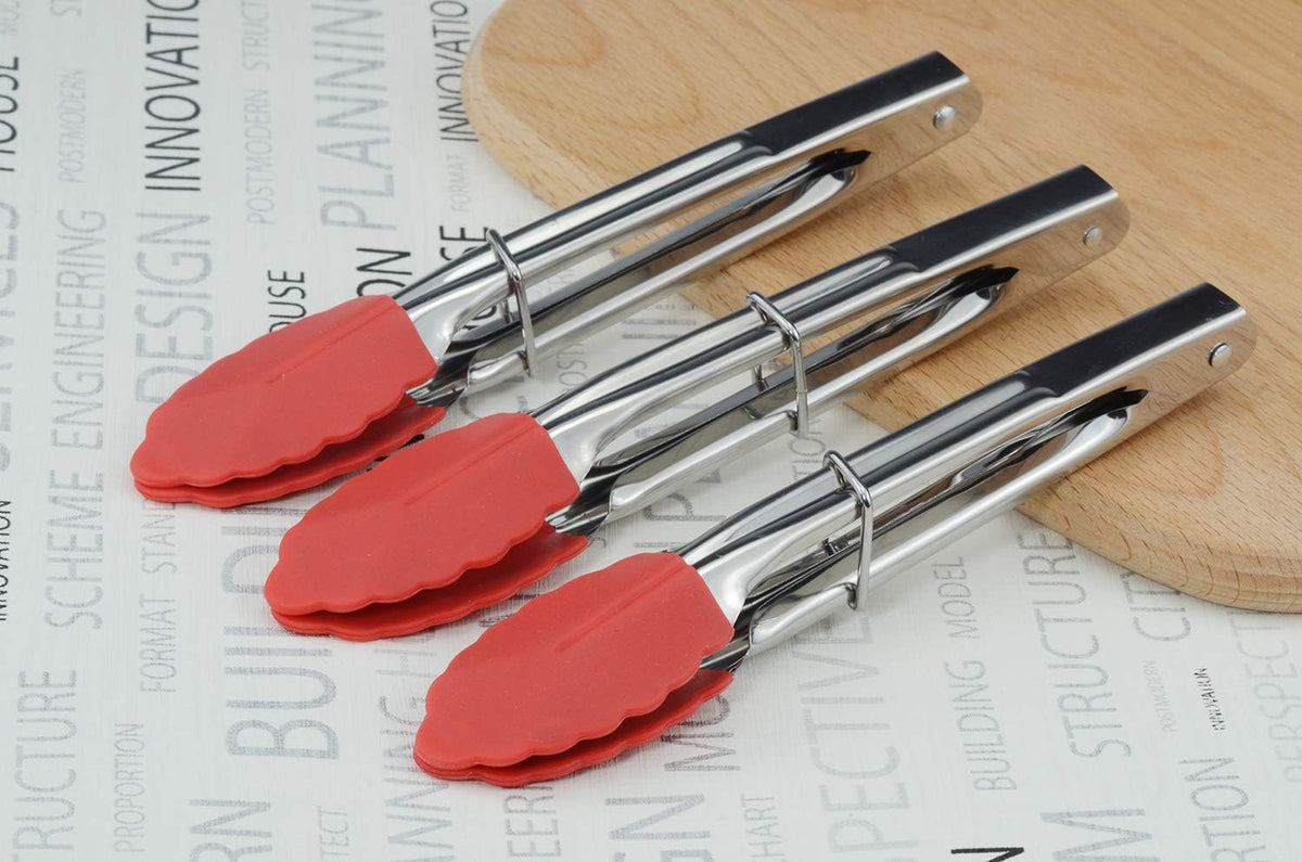 Small Tongs with Silicone Tips 7-Inch Mini Serving Tongs, Set of 6 | Green Red Blue Purple Pink Orange