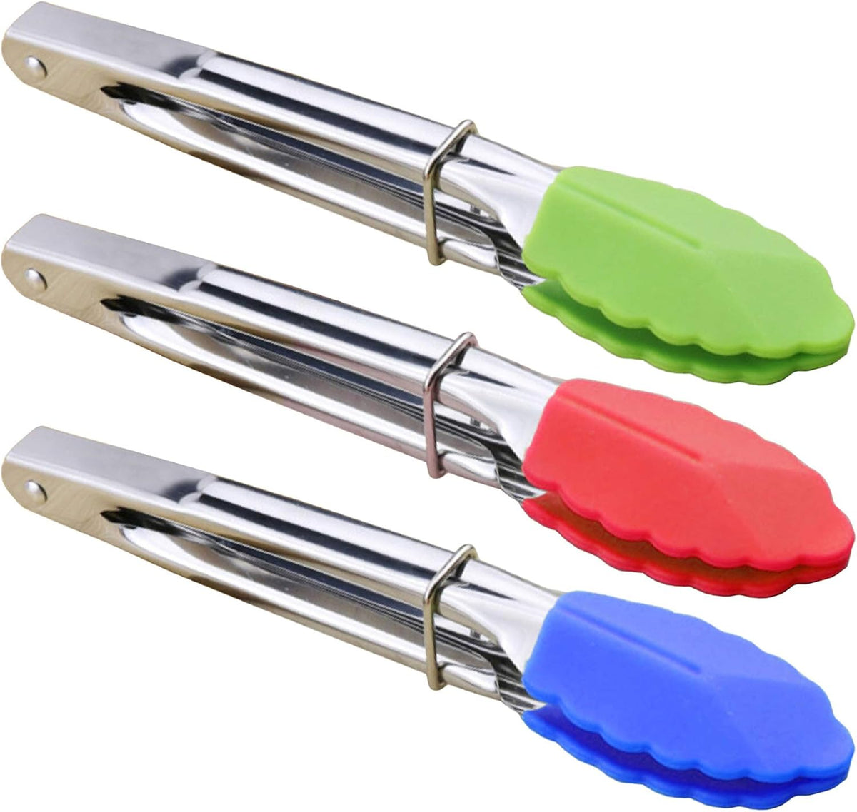 Small Tongs with Silicone Tips 7-Inch Mini Serving Tongs, Set of 6 | Green Red Blue Purple Pink Orange