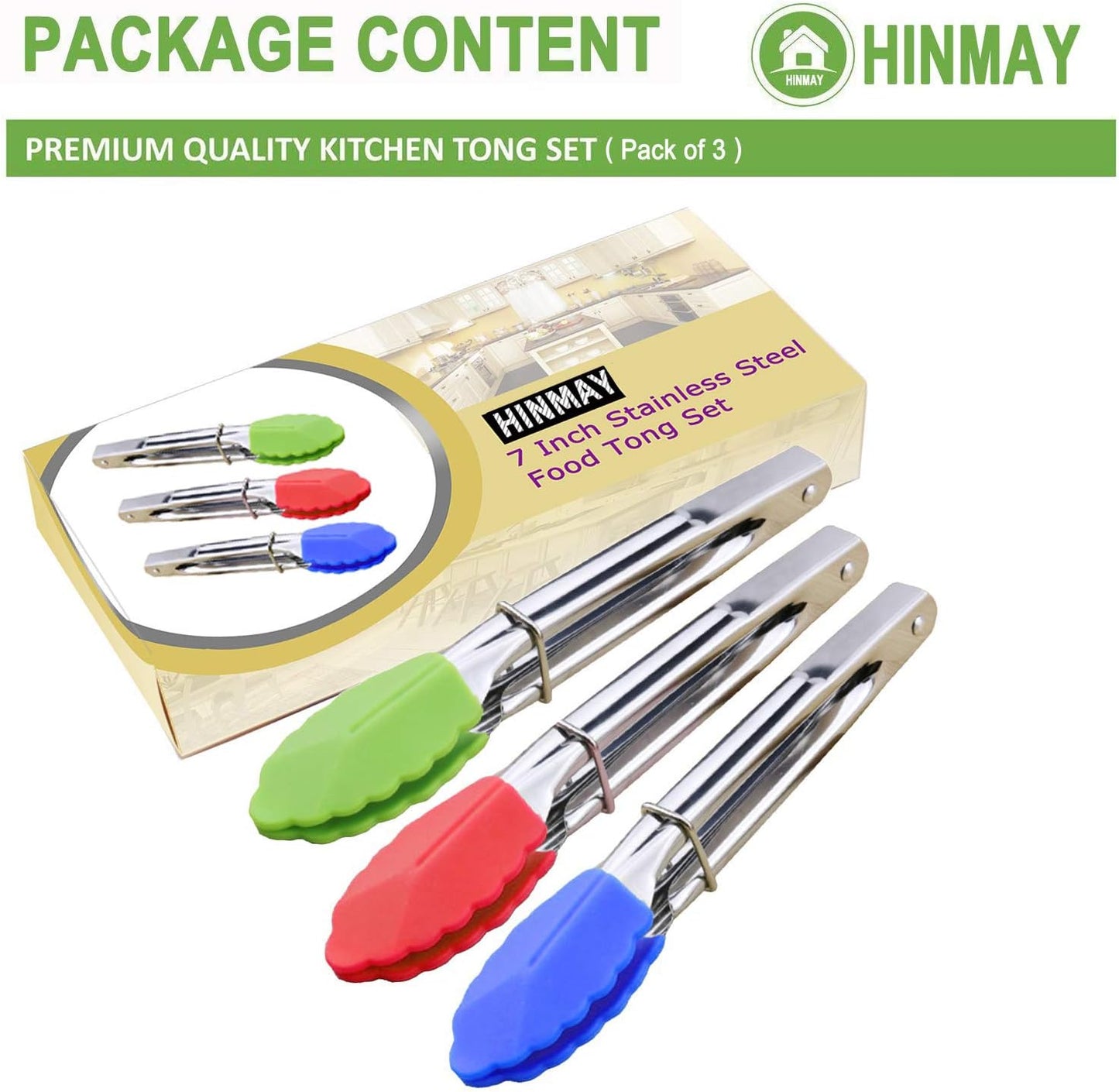 Small Tongs with Silicone Tips 7-Inch Mini Serving Tongs, Set of 6 | Green Red Blue Purple Pink Orange