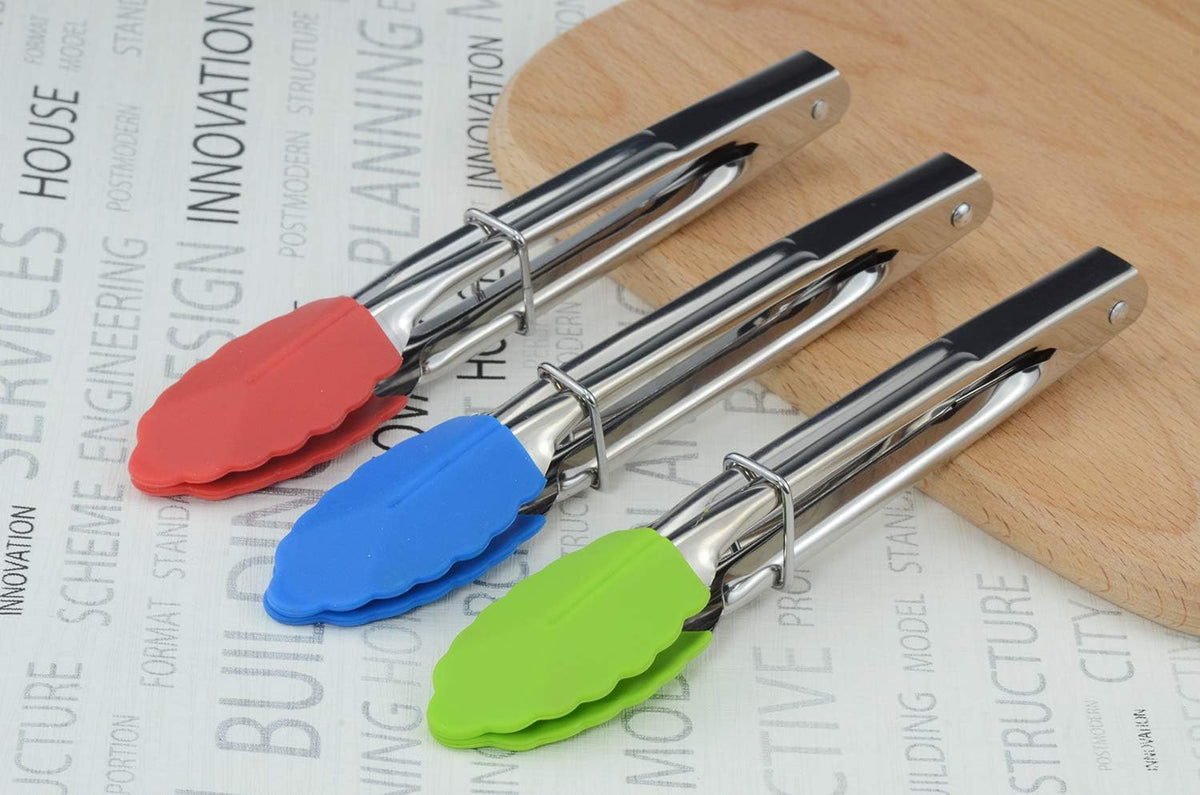Small Tongs with Silicone Tips 7-Inch Mini Serving Tongs, Set of 6 | Green Red Blue Purple Pink Orange