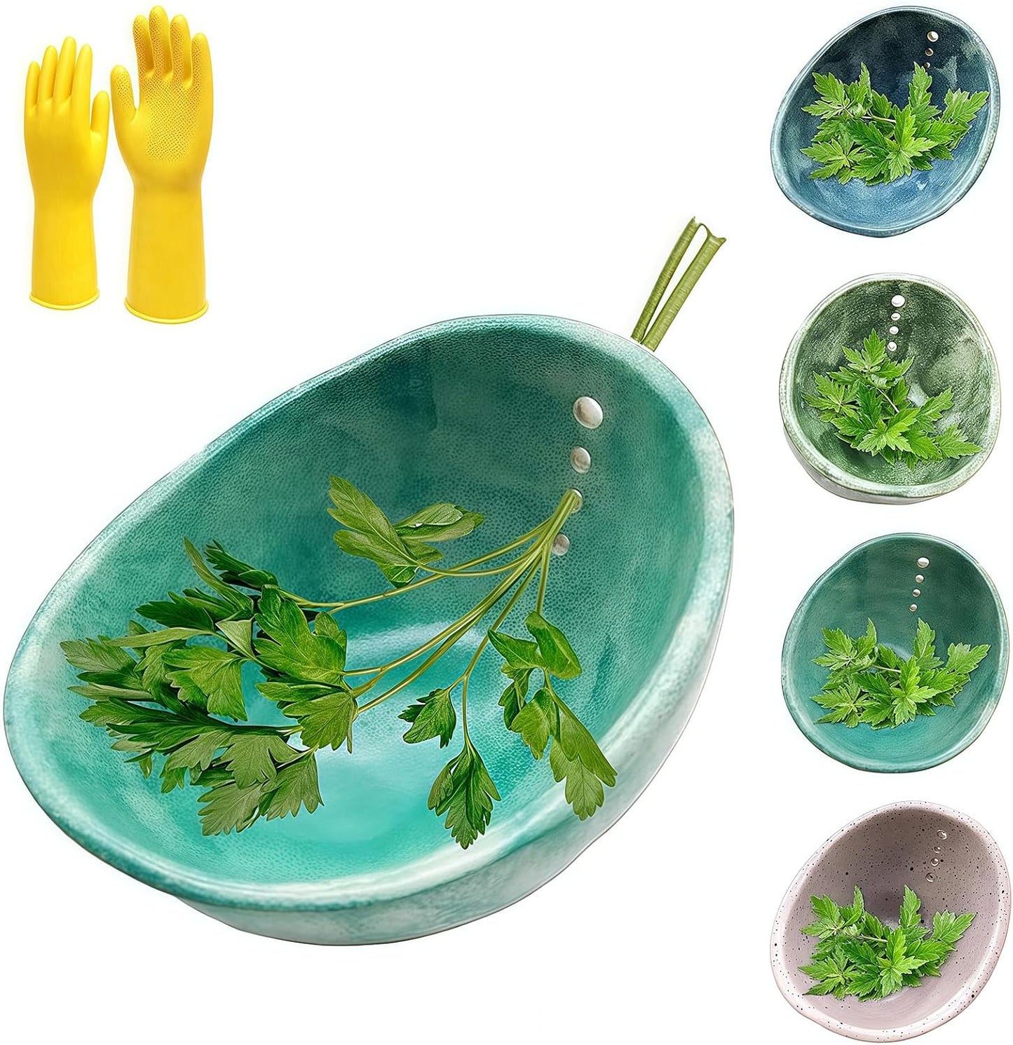 Hugimpel Pottery Herb Stripper Bowl,Hamblin Bros Pottery Herb Stripper Bowl, Handmade Ceramic Herbs Peeling Cup with Different Hole Sizes,for Peeling Off the Leafy Assembly (Blue)
