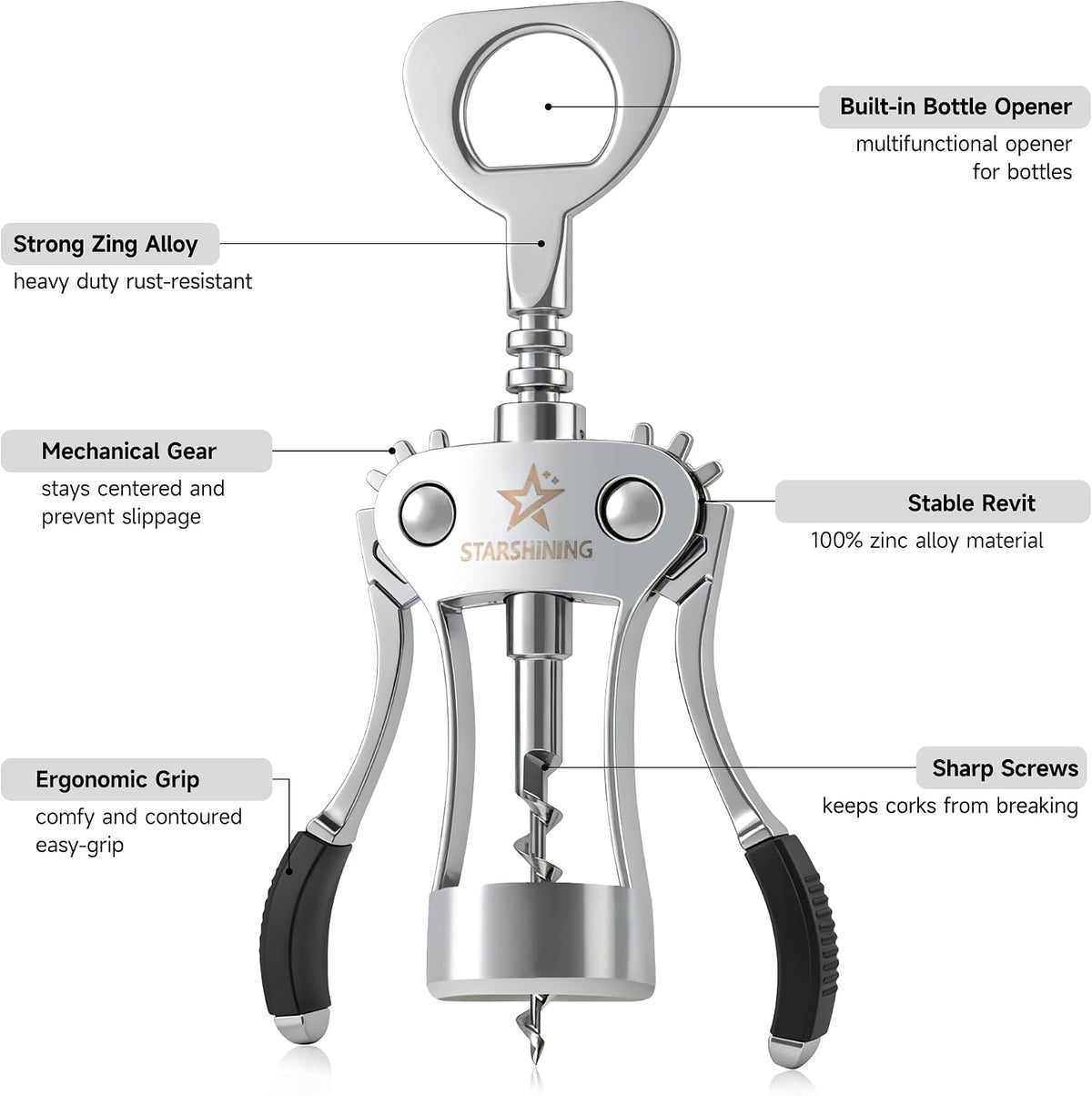 Heavy Duty Wing Corkscrew Wine Opener Polished Silver