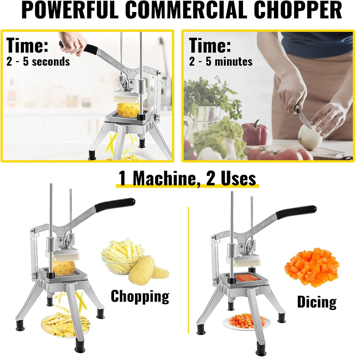 Commercial Chopper with 4 Replacement Blades Commercial Vegetable Chopper Stainless Steel French Fry Cutter Potato Dicer & Slicer Commercial Vegetable Fruit Chopper for Restaurants & Home