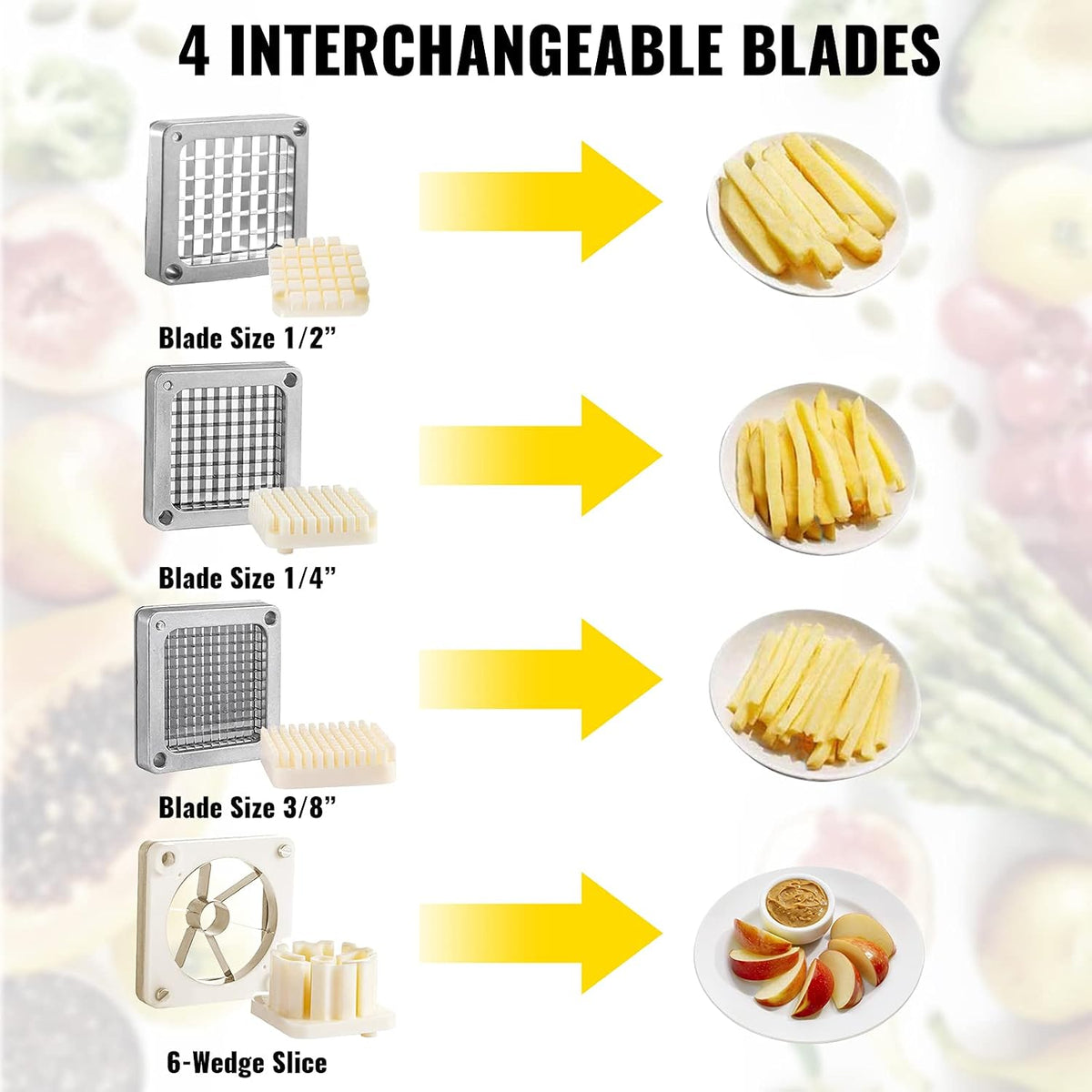 Commercial Chopper with 4 Replacement Blades Commercial Vegetable Chopper Stainless Steel French Fry Cutter Potato Dicer & Slicer Commercial Vegetable Fruit Chopper for Restaurants & Home