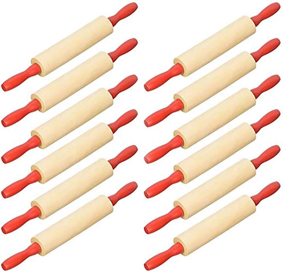 Mini Wood Rolling 7.5 Inch Rolling Pin for Play Dough For Little Bakers, With Red Handles Arts and Crafts Clay Roller, 7.5" (Pack of 12)