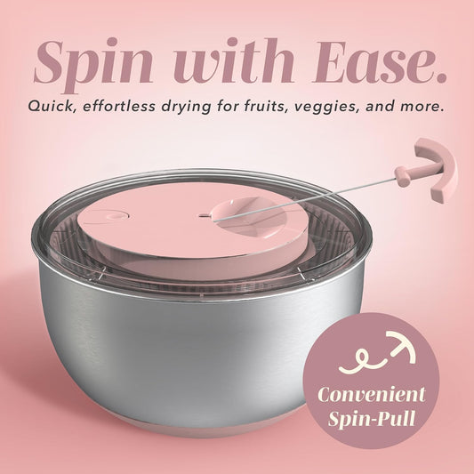 Stainless Steel Salad Spinner - 5 Qt. Lettuce Washer And Vegetable Spinner Dryer for Easy Salad Prep - Non Slip Base with Pull Handle - Auto Stop Brake System, Stain and Odor Resistant