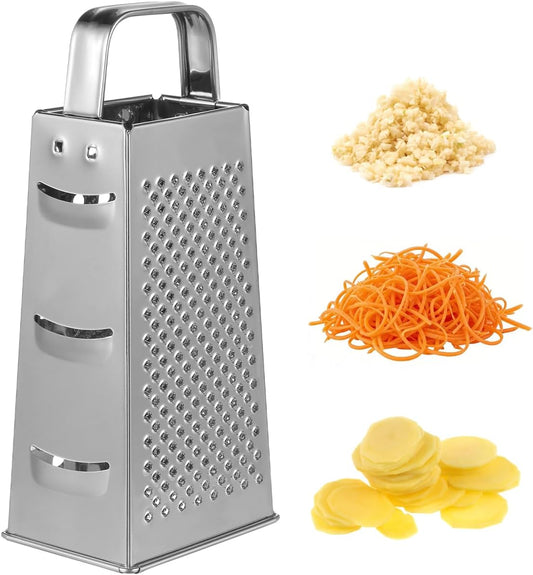8-Inch Box Cheese Grater with Handle - Heavy Duty Stainless Steel 4-Sided Vegetable Slicer, Shredder & Zester, Potato & Citrus - Multipurpose Manual Kitchen Food Tool