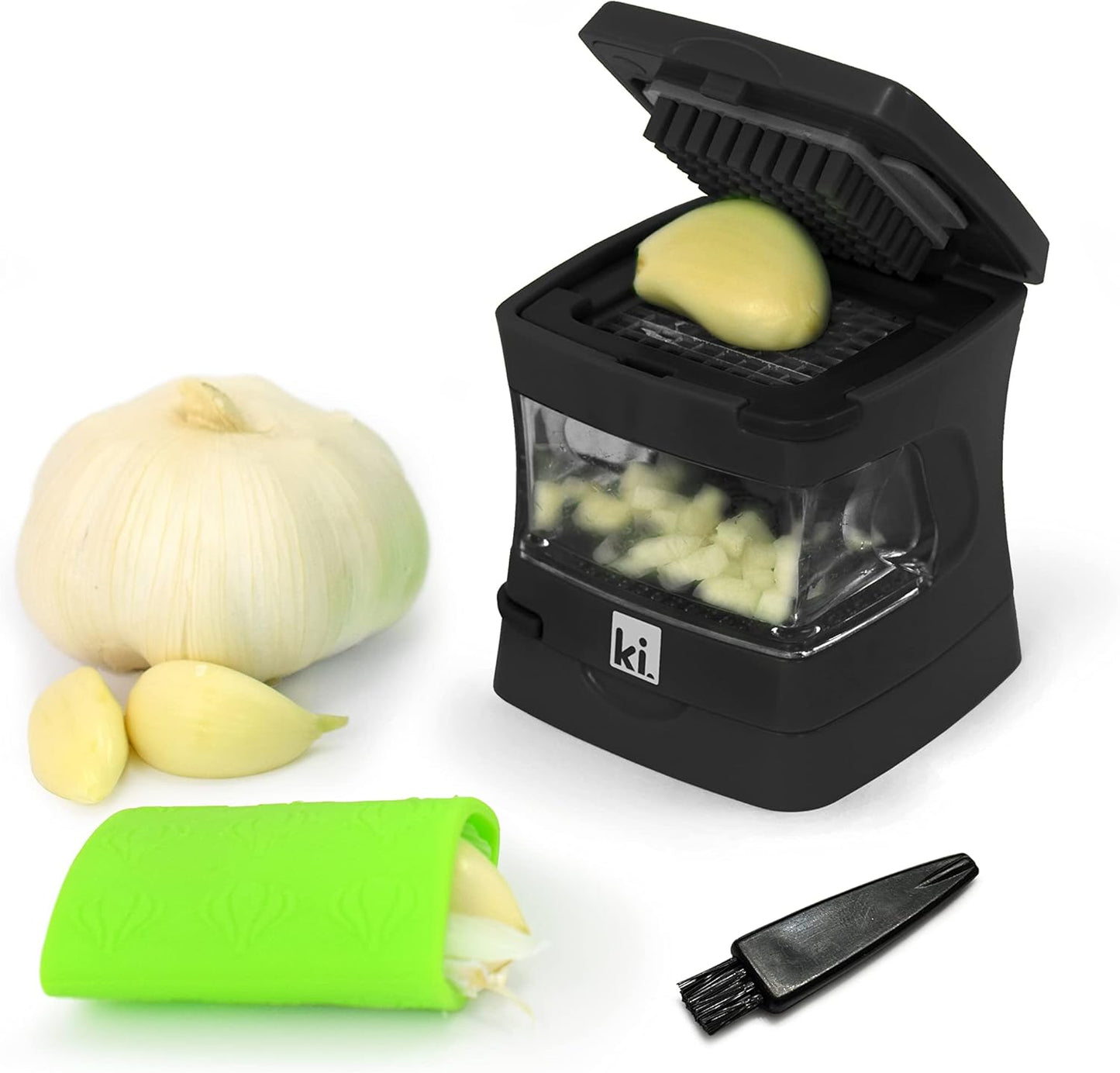Garlic-A-Peel Garlic Press, Crusher, Cutter, Mincer, and Storage Container - Includes Silicone Garlic Peeler - Easy to Clean - Stainless Steel Blades – (Cream), standard