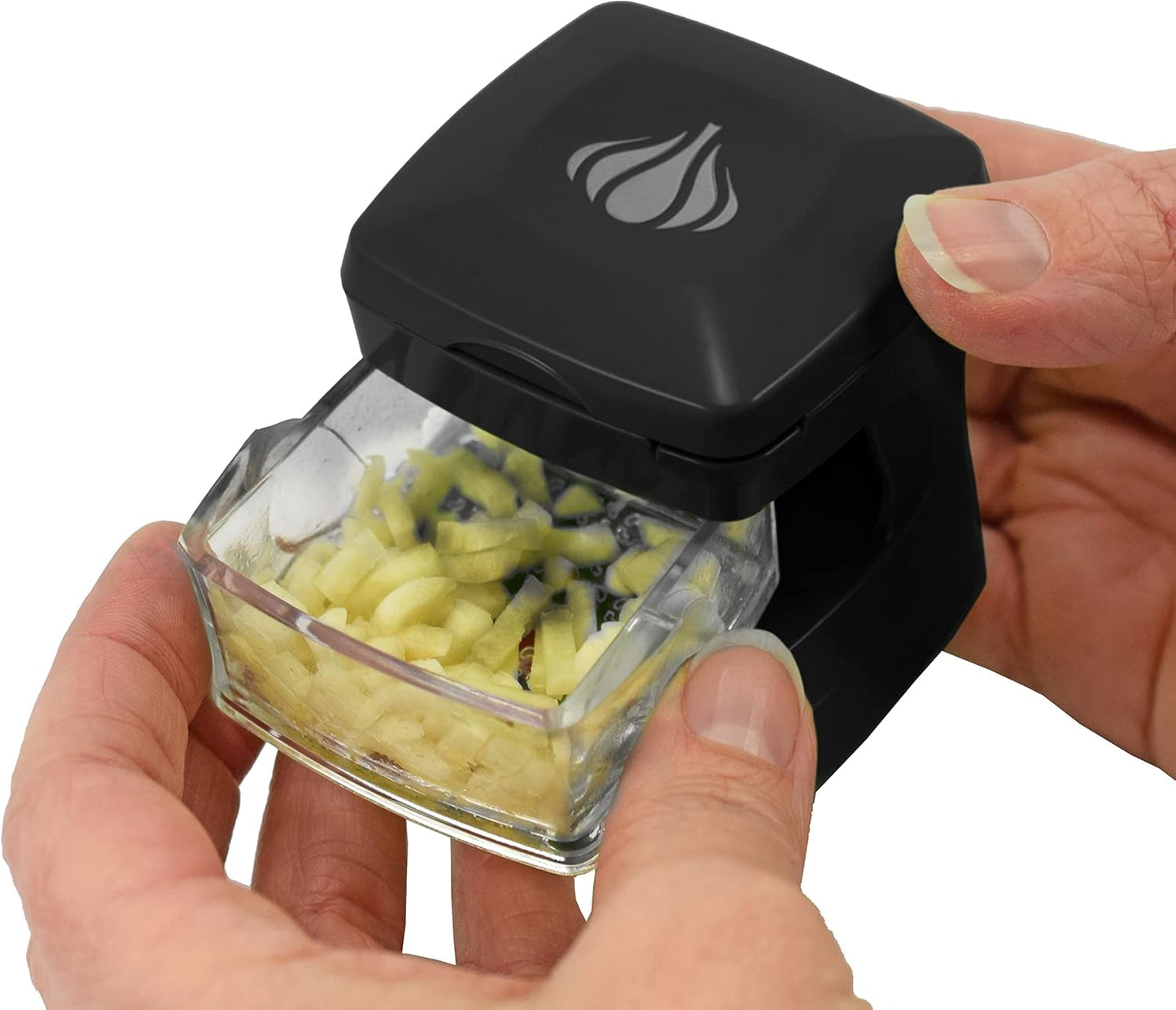 Garlic-A-Peel Garlic Press, Crusher, Cutter, Mincer, and Storage Container - Includes Silicone Garlic Peeler - Easy to Clean - Stainless Steel Blades – (Cream), standard