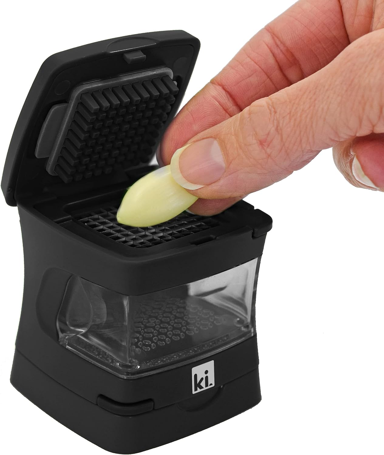 Garlic-A-Peel Garlic Press, Crusher, Cutter, Mincer, and Storage Container - Includes Silicone Garlic Peeler - Easy to Clean - Stainless Steel Blades – (Cream), standard