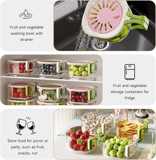 Fruit Vegetable Washing Bowl with Strainer, Multifunctional Produce Washer, Berry Container, Lettuce Keeper for Fridge Refrigerator Organization, Portable Strainers and Colander for Kitchen