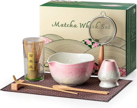 Matcha Whisk Set, Handcrafted Crystalline Glaze Matcha Set, 8 Pcs Matcha Kit Includes Matcha Bowl, Whisk with Holder, Bamboo Scoop & Spoon, Sifter and Tea Towel, Ceremonial Matcha Tea Set
