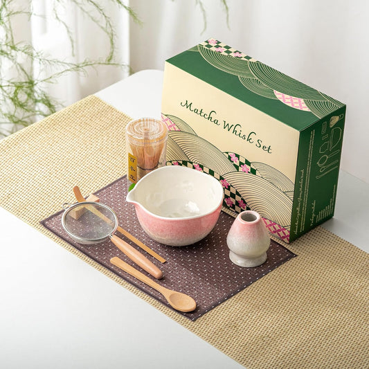 Matcha Whisk Set, Handcrafted Crystalline Glaze Matcha Set, 8 Pcs Matcha Kit Includes Matcha Bowl, Whisk with Holder, Bamboo Scoop & Spoon, Sifter and Tea Towel, Ceremonial Matcha Tea Set