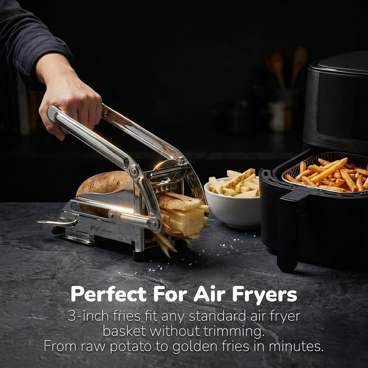 French Fry Cutter, Dishwasher Safe Stainless Steel Potato & Vegetable Slicer, 2 Blade Sizes (1/2" & 3/8"), Suction Base, Lifetime Blade Replacement Warranty, Perfect for Air Fryer & Deep Fryer