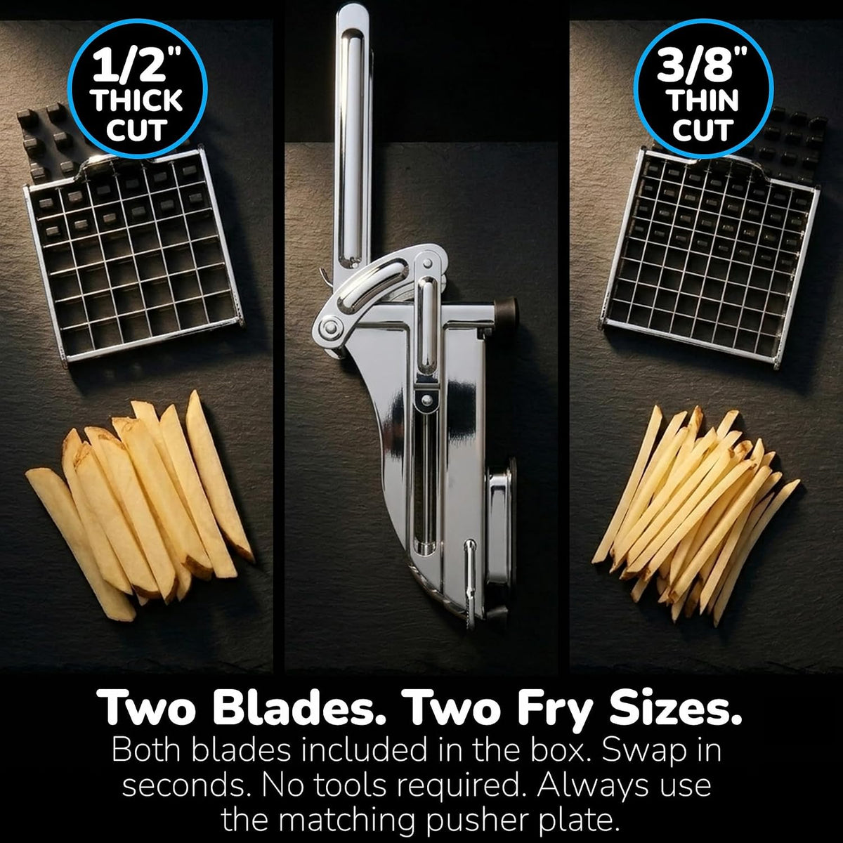French Fry Cutter, Dishwasher Safe Stainless Steel Potato & Vegetable Slicer, 2 Blade Sizes (1/2" & 3/8"), Suction Base, Lifetime Blade Replacement Warranty, Perfect for Air Fryer & Deep Fryer