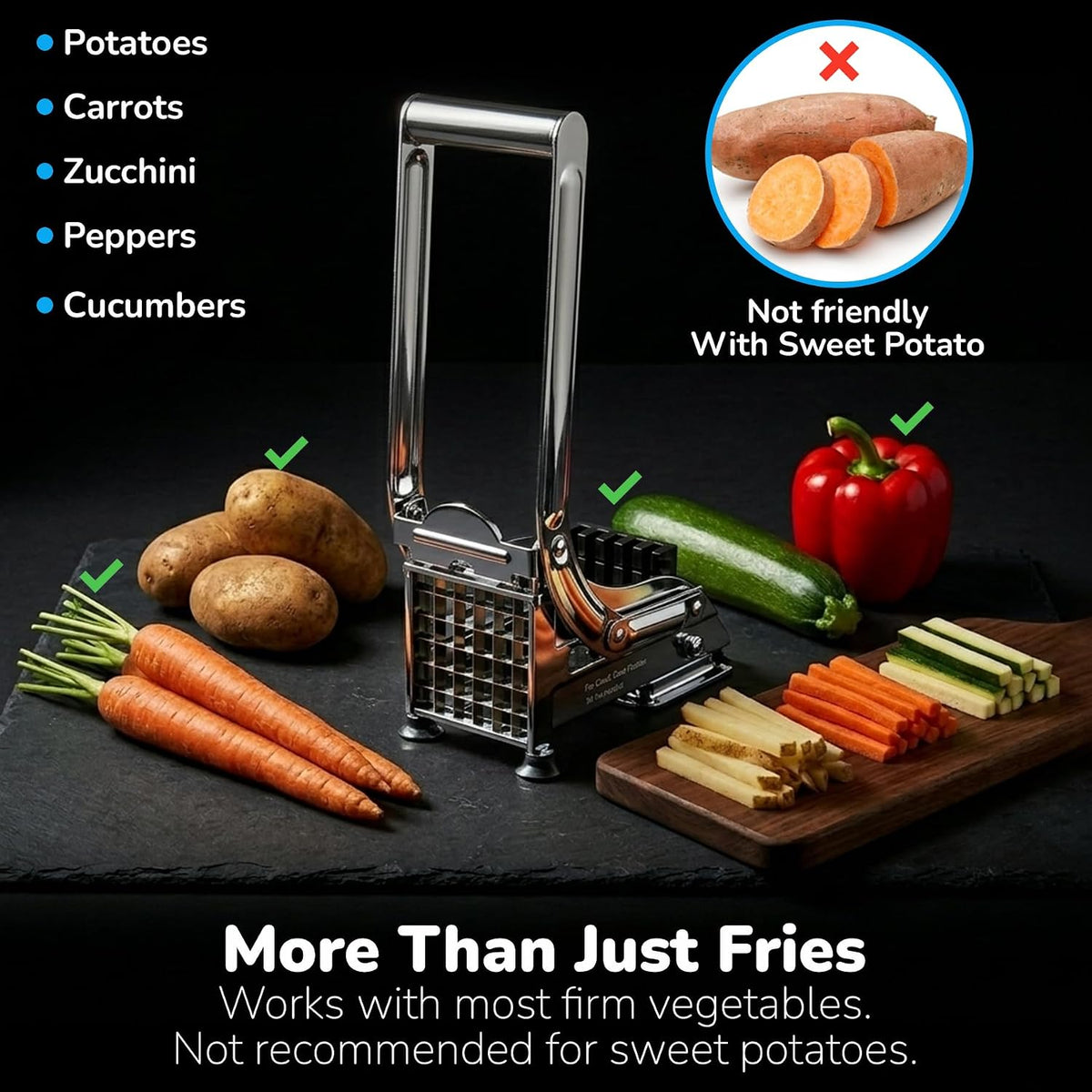 French Fry Cutter, Dishwasher Safe Stainless Steel Potato & Vegetable Slicer, 2 Blade Sizes (1/2" & 3/8"), Suction Base, Lifetime Blade Replacement Warranty, Perfect for Air Fryer & Deep Fryer