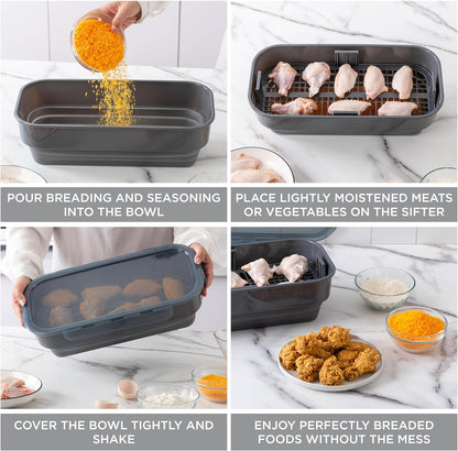 Collapsible Batter Bowl - Mess Free Breading Shaker Container - Great for Fried Fish, Fried Chicken, Onion Rings, Wings & More, Black