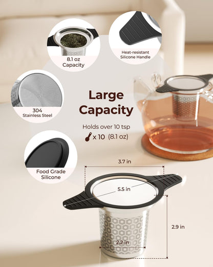 Extra Fine Mesh Tea Strainers & Filters for Loose Tea Single Cup, 304 Stainless Steel and Food Grade Silicone Loose Leaf Tea Steeper for Black Tea, Coffee, Rooibos, etc