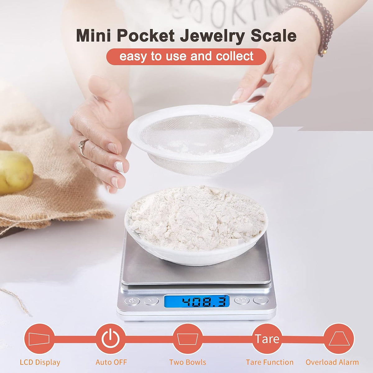 Gram Scale Small Digital Food Scale, 500g by 0.01Gram/0.001Ounce, Accurate Weighting, Multifunction Kitchen Scale for Jewelry/Baking/Soap, 9 Units, Tare Function, LCD Display, Including Battery