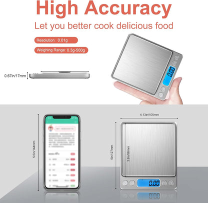 Gram Scale Small Digital Food Scale, 500g by 0.01Gram/0.001Ounce, Accurate Weighting, Multifunction Kitchen Scale for Jewelry/Baking/Soap, 9 Units, Tare Function, LCD Display, Including Battery