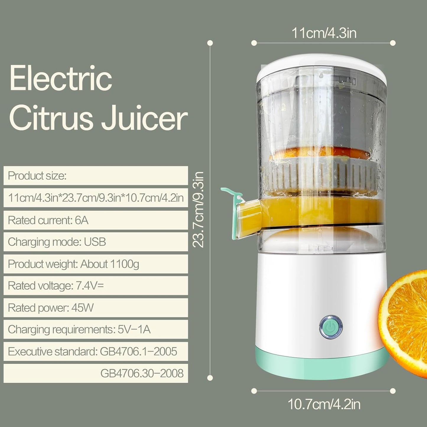 Rechargeable Electric Juicer - Citrus Juicer with Type-c Rechargeable for Orange, Lemon and Grapefruit Juicing. (White-45Watts)