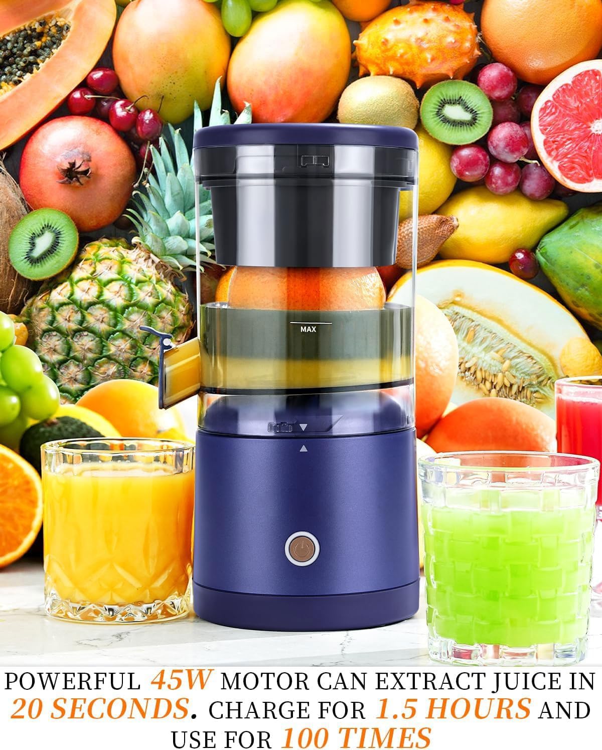 Rechargeable Electric Juicer - Citrus Juicer with Type-c Rechargeable for Orange, Lemon and Grapefruit Juicing. (White-45Watts)