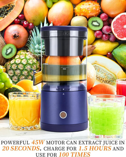 Rechargeable Electric Juicer - Citrus Juicer with Type-c Rechargeable for Orange, Lemon and Grapefruit Juicing. (White-45Watts)