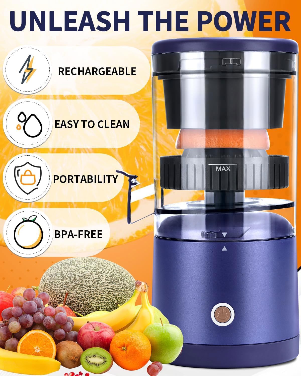 Rechargeable Electric Juicer - Citrus Juicer with Type-c Rechargeable for Orange, Lemon and Grapefruit Juicing. (White-45Watts)