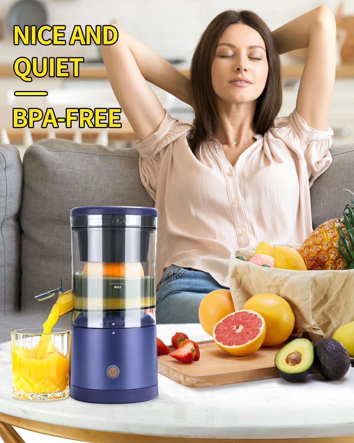 Rechargeable Electric Juicer - Citrus Juicer with Type-c Rechargeable for Orange, Lemon and Grapefruit Juicing. (White-45Watts)